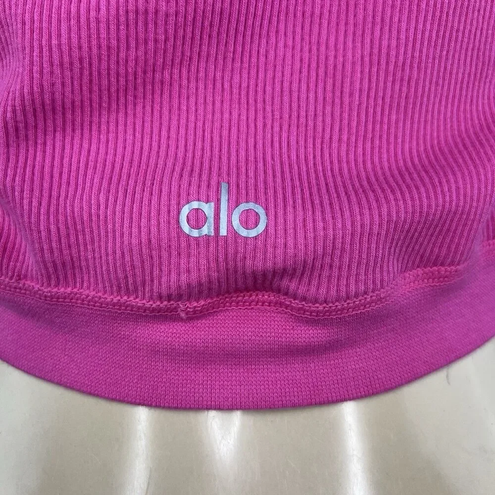 Alo Yoga Seamless Ribbed Serene Short Sleeve Top Size L Pink Cropped Active